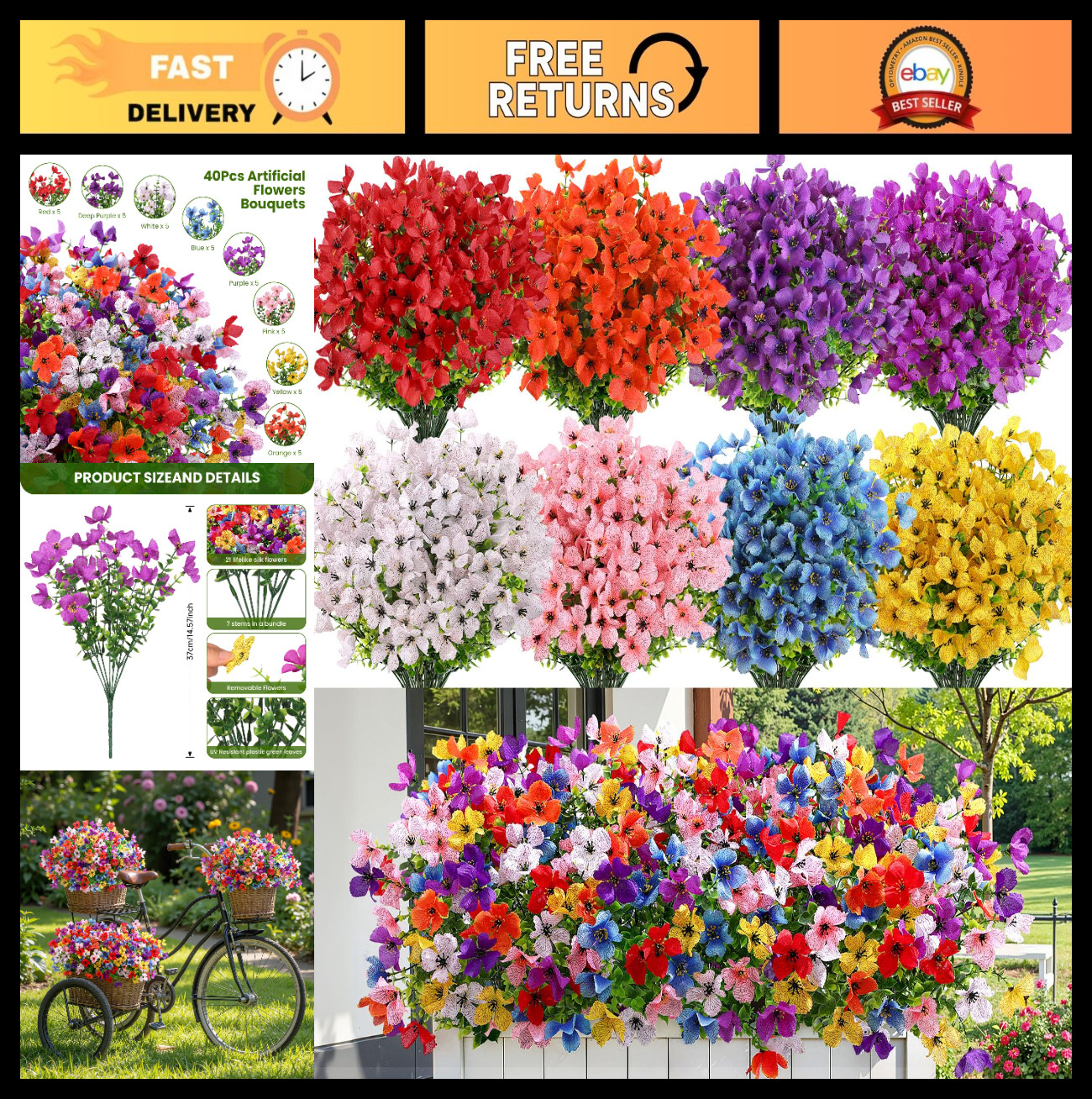40 Bundles Artificial Flowers – UV Resistant Faux Plants for Indoor/Outdoor Deco