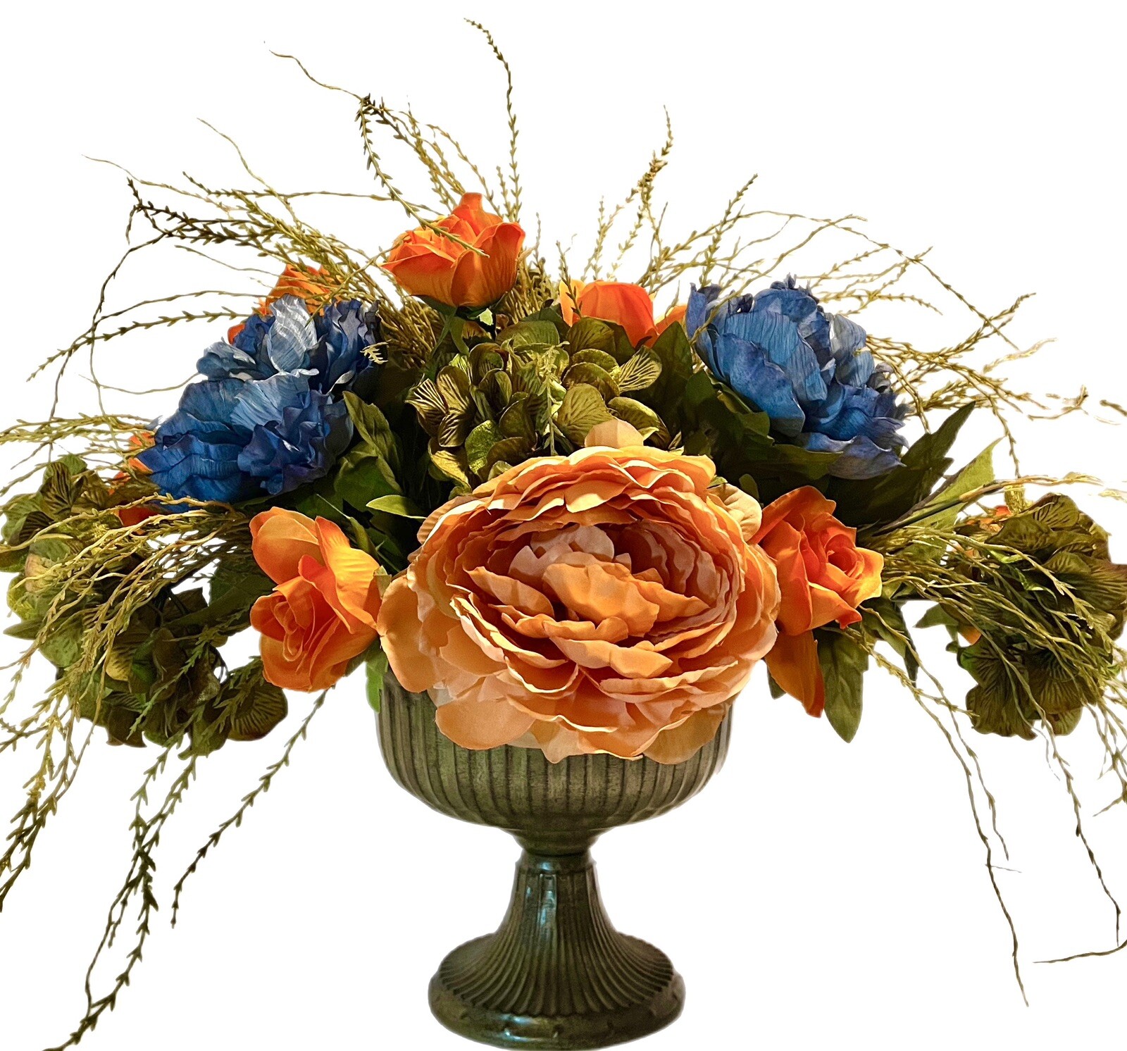 Floral arrangement Blue Orange Olive 22” Peony Rose Hydrangea Modern Centerpiece