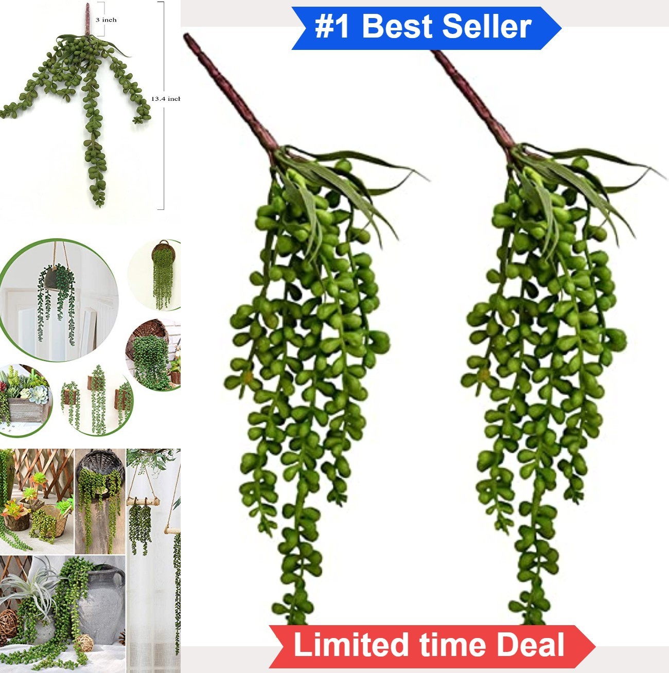 Artificial Succulent Plants 2PCS 13.4 Inch Hanging Faux String of Pearls Decor