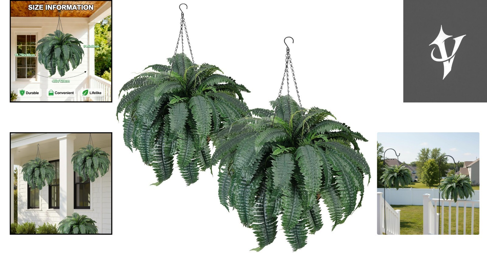 72 Frond Faux Ferns 48in in Waterproof Hanging Baskets – 2 Pack for All Seasons