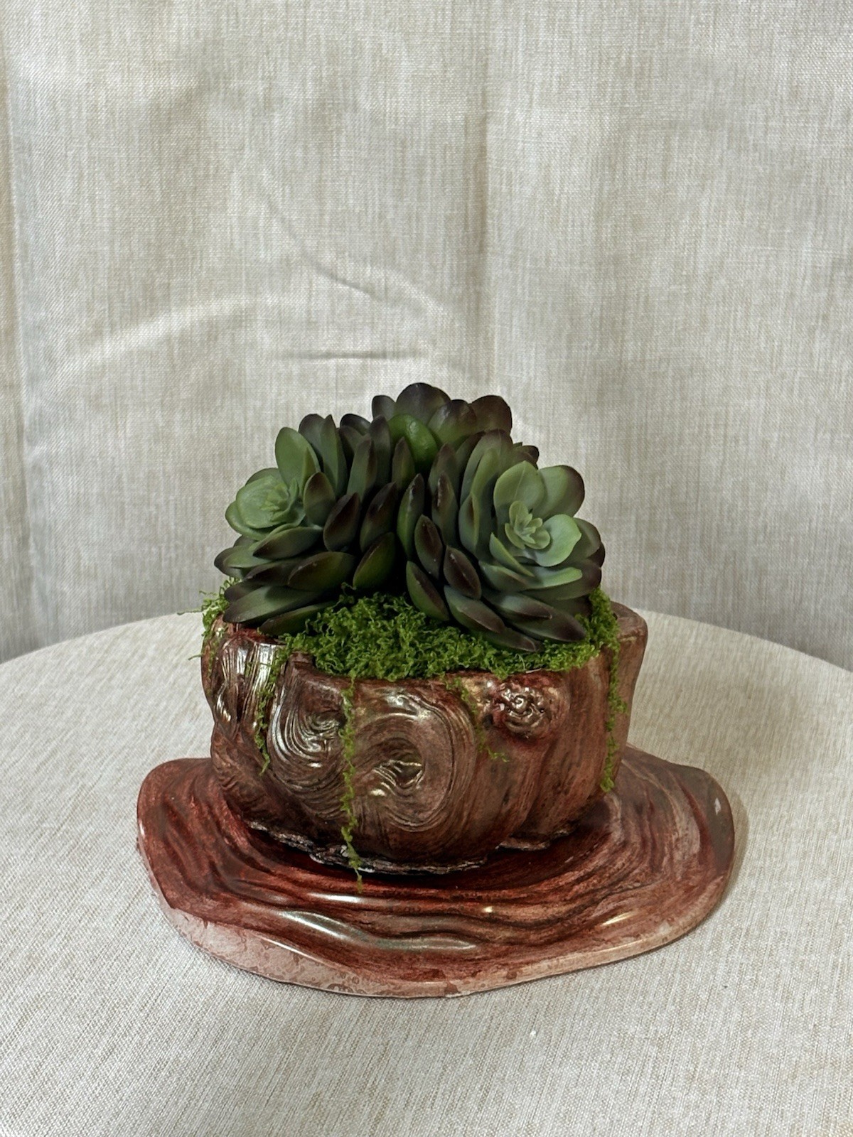 Artificial Succulents In Handmade Concrete Wood Look Pot With Saucer.