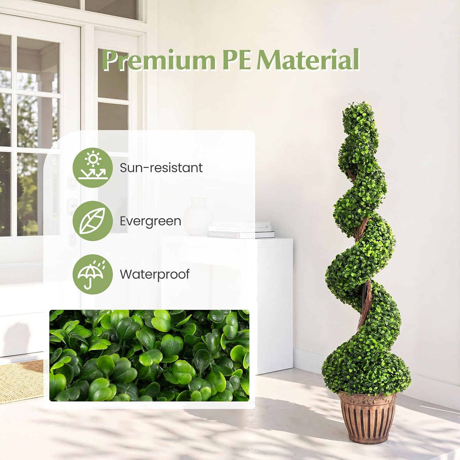 4 Ft Artificial Boxwood Spiral Topiary Tree, Fake Greenery Plants, Leaves & Ceme
