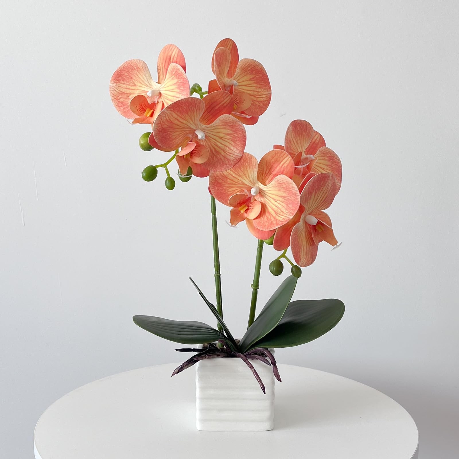 14″ Tall Artificial Indoor Orchids For Home Decor Orange Silk Flowers Vase