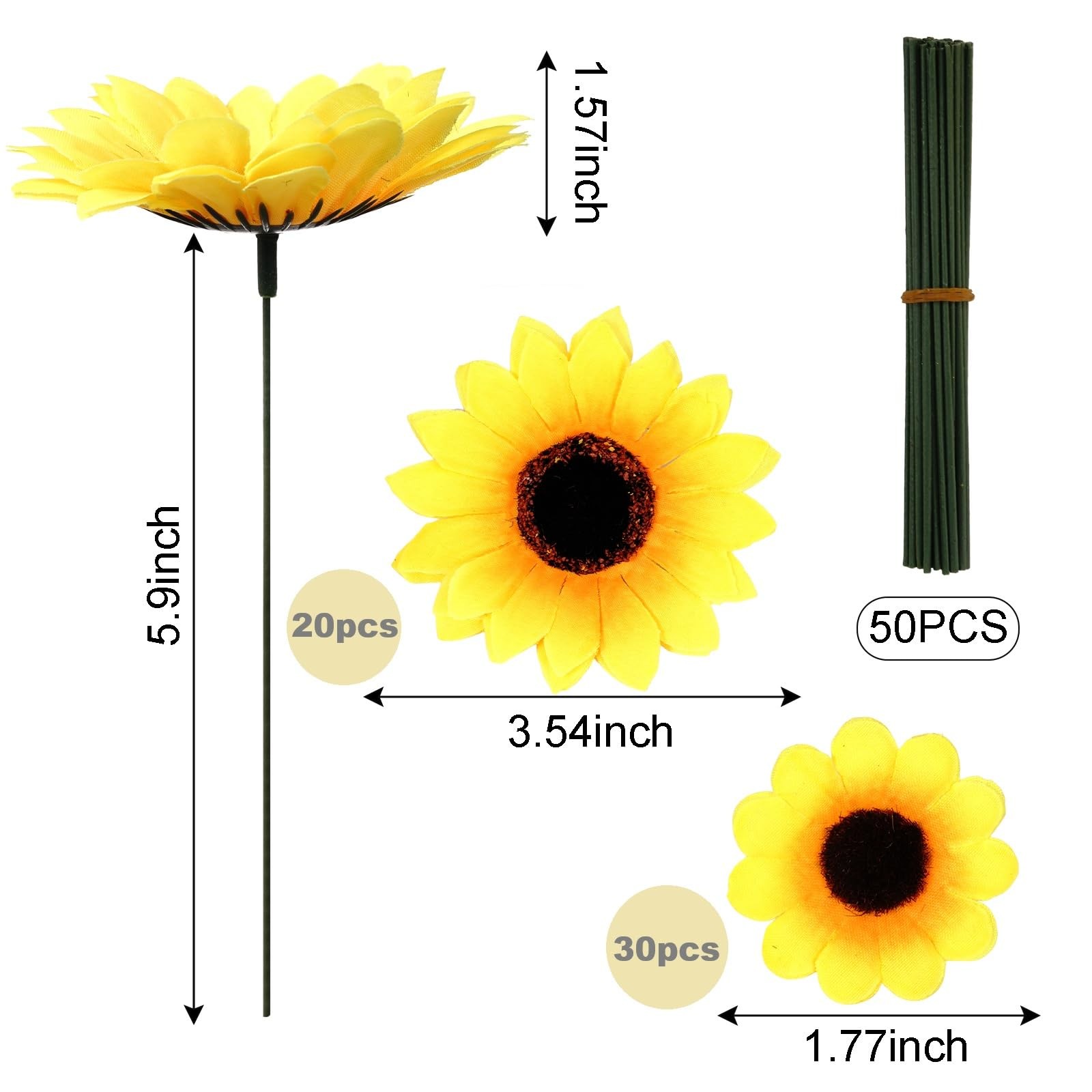 50pcs Artificial Sunflower Heads with 5.9in Iron Stems for Wreath Table Garde…