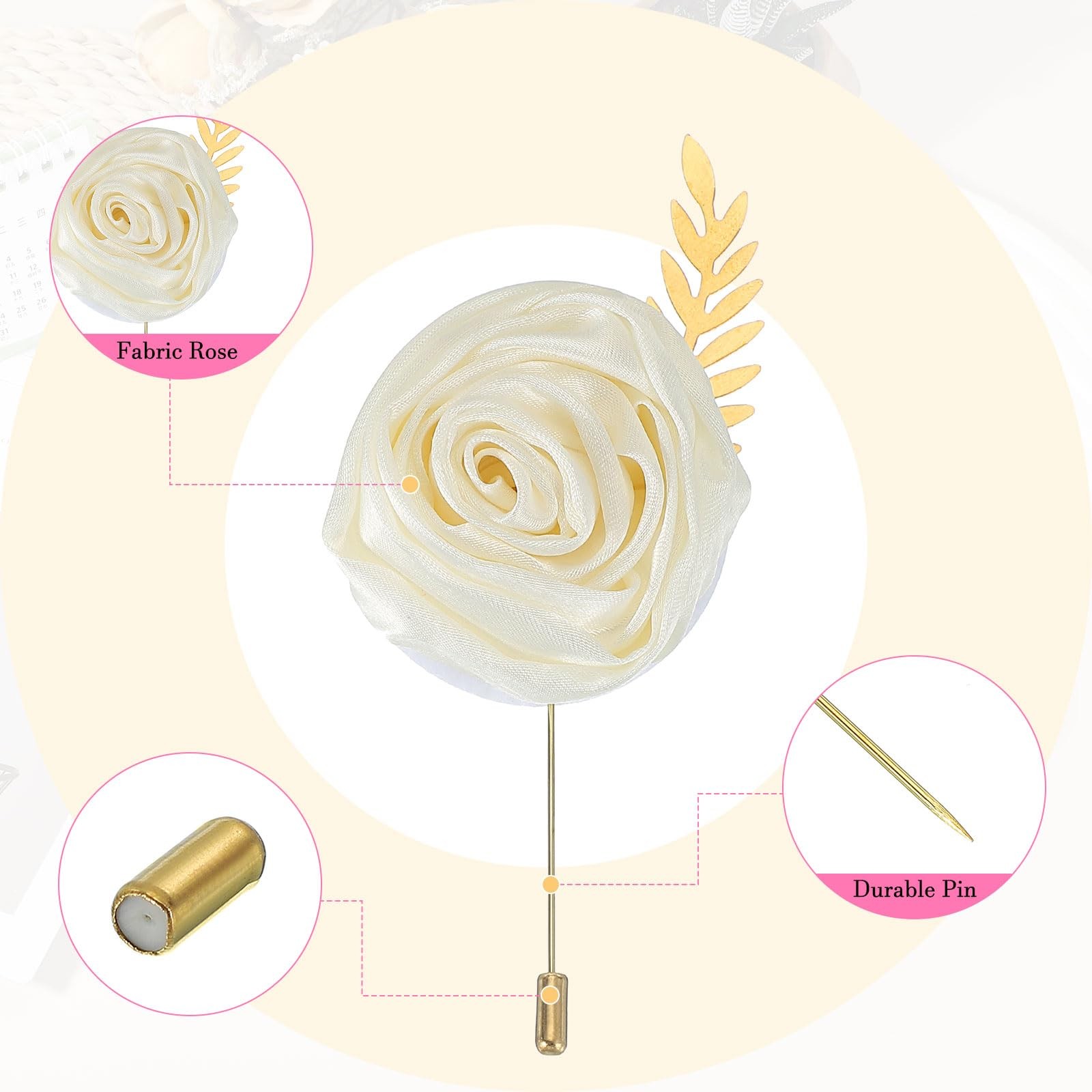 6 PCS Groom Boutonnieres Rose Pins Men Wedding Cream 4.7×2 Inch Decor