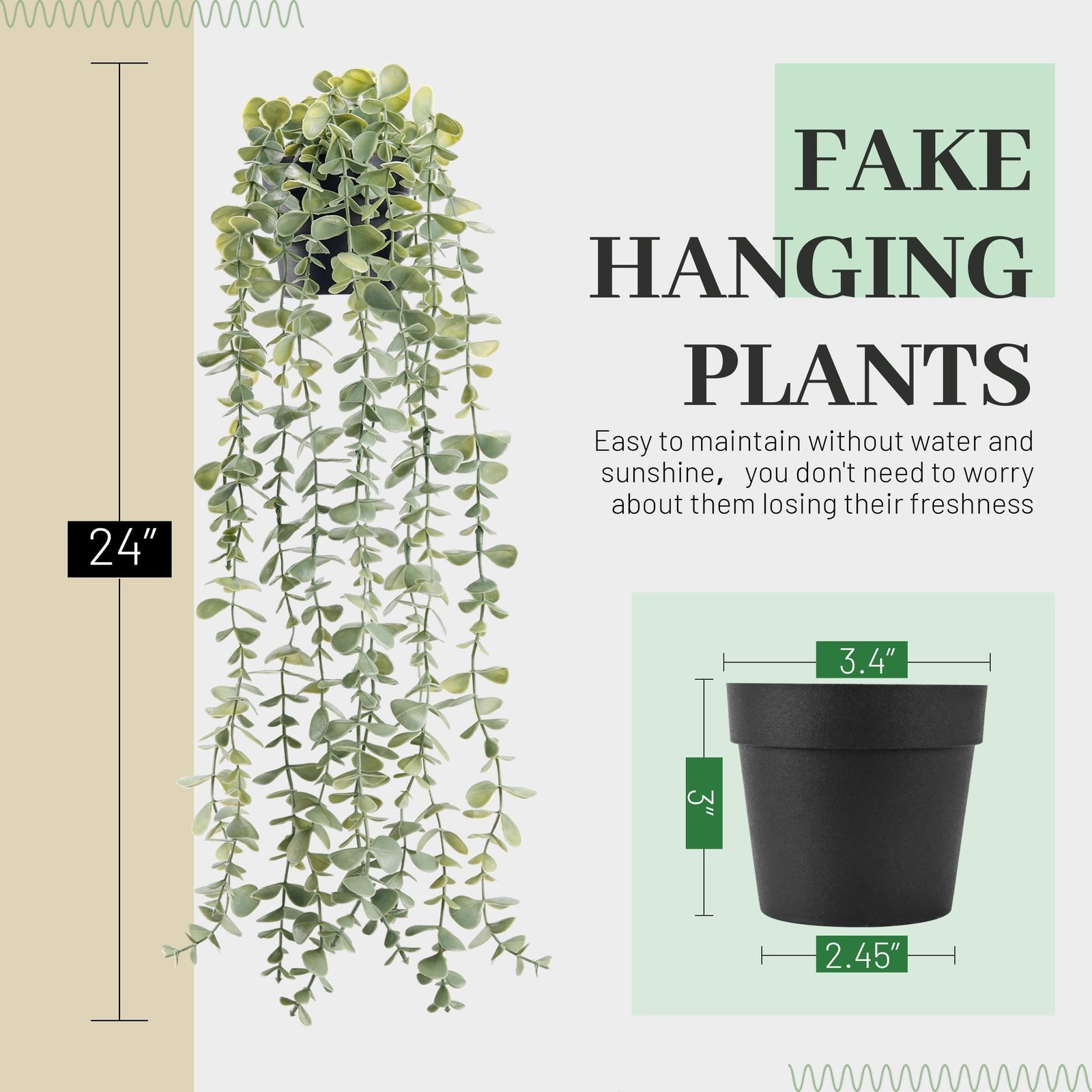 Artificial Eucalyptus Hanging Plants Fake Potted Greenery for Vintage Boho, Grey