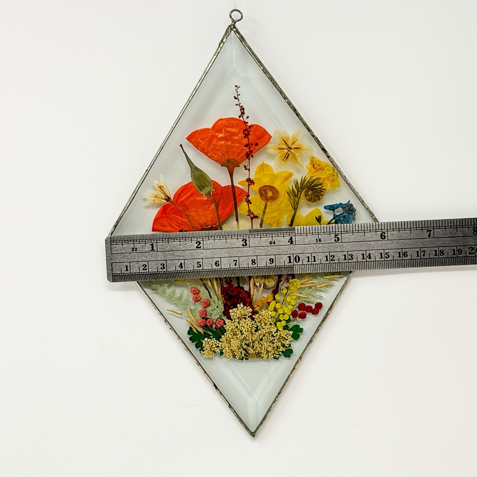 Vintage Pressed Flower Glass Suncatcher Hanging Panel Soldered Metal Frame 6×9