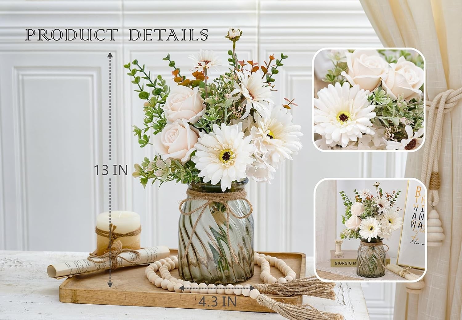 Fake Flowers Artificial Daisy Rose with Vase, Faux Silk Flowers Fake Plant De…