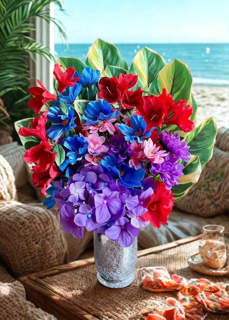 Tropical Floral Arrangement: Colorful Beach House Decor, Cute Table Centerpiece