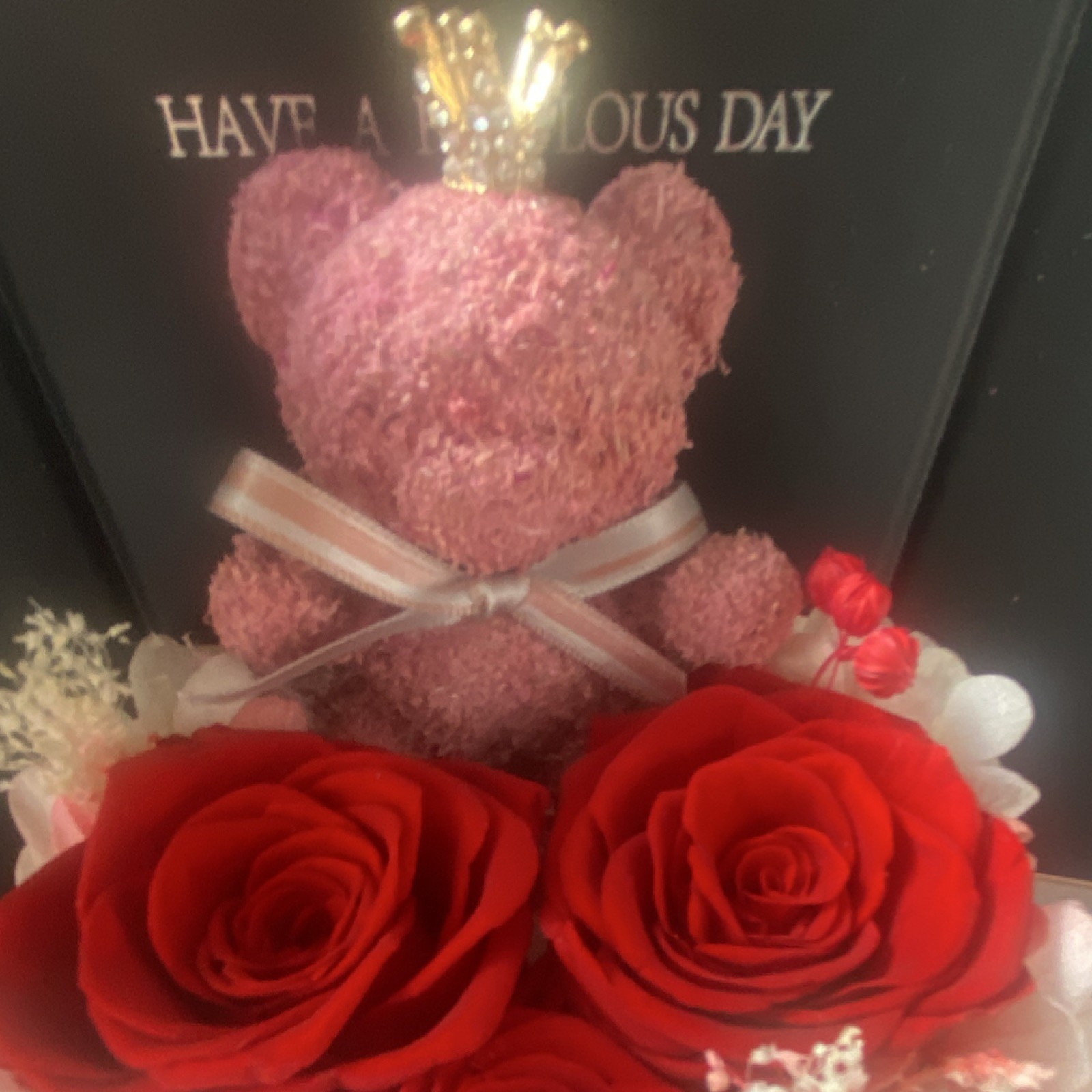 Artificial Rose Flower Box Arrangement w/ Pink Teddy Bear Love Theme 8″ x 5″