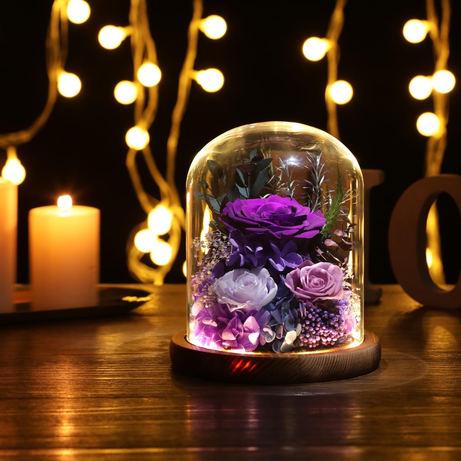Preserved Purple Rose in Glass Dome – Long-Lasting Forever Flowers Gift for Wome
