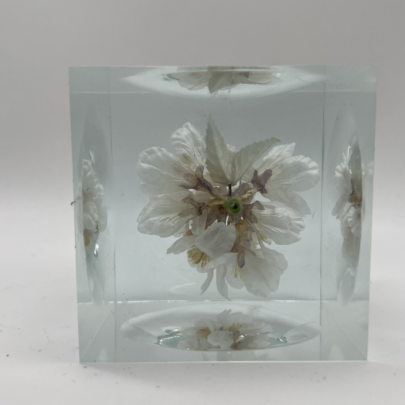 Crystal Clear Lucite Acrylic Large 3 3/4in” Sola Cube Cherry Blossom Flowers