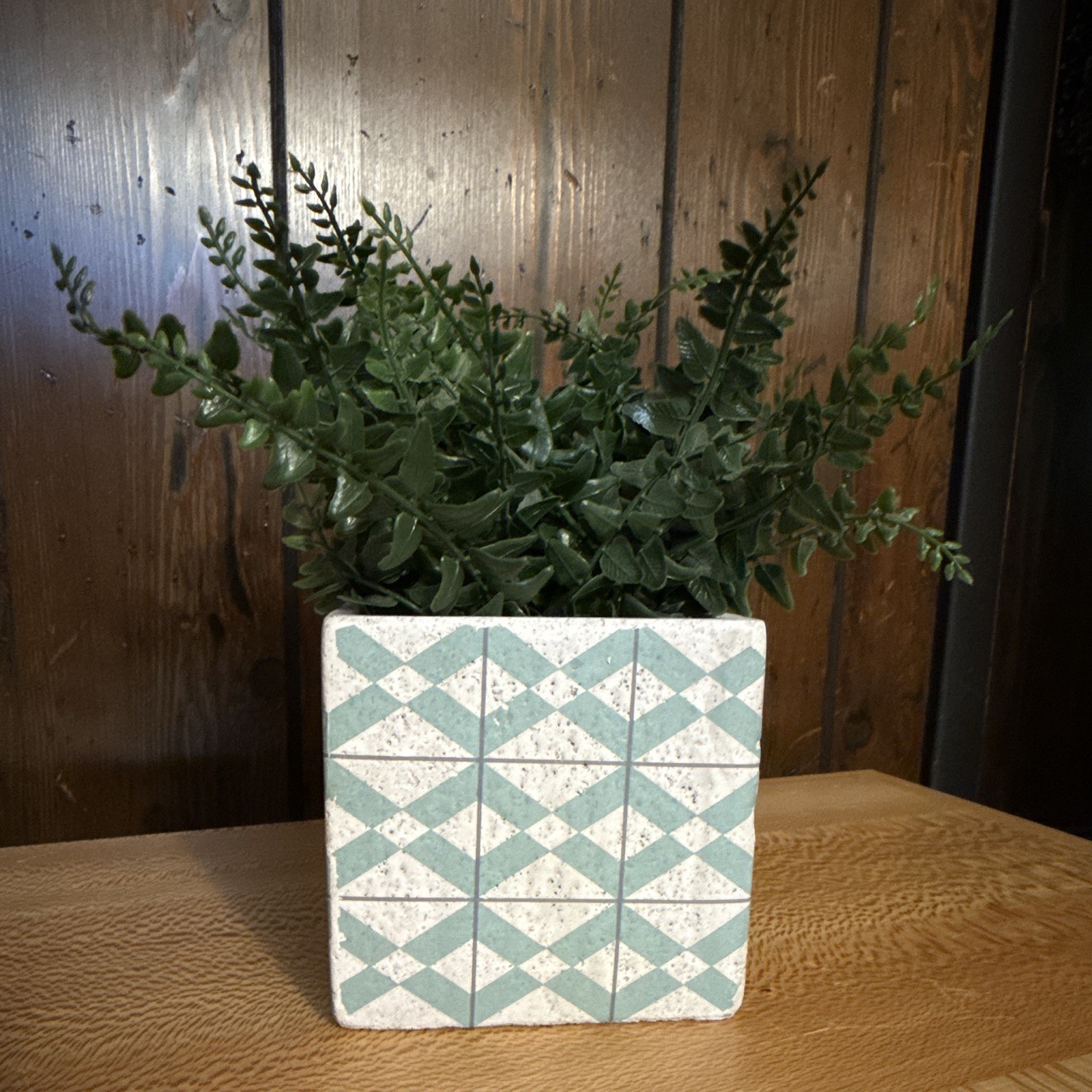 Hobby Lobby Artificial Leaf Plant Ceramic Planter 4.92 in Green/White/Blue
