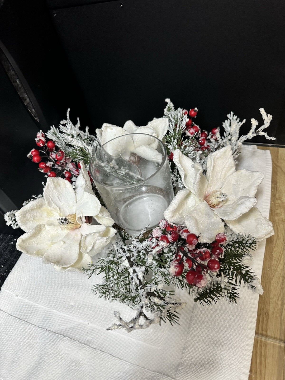 Frosted Magnolia & Red Berry Artificial Arrangement Candelabrum