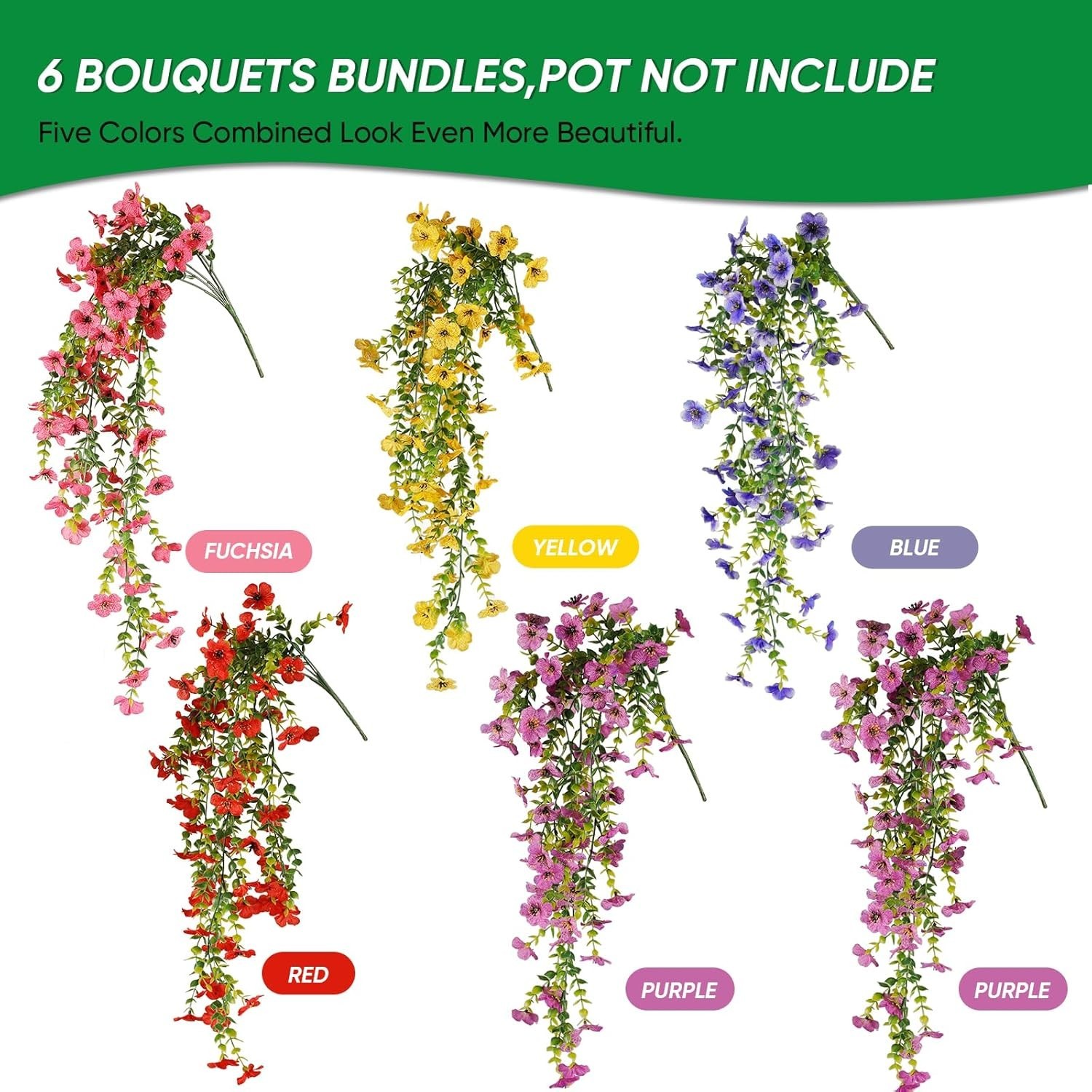 6 Bundles Artificial Flowers for Outdoors,UV Resistant Fake Hanging Flower,Re…