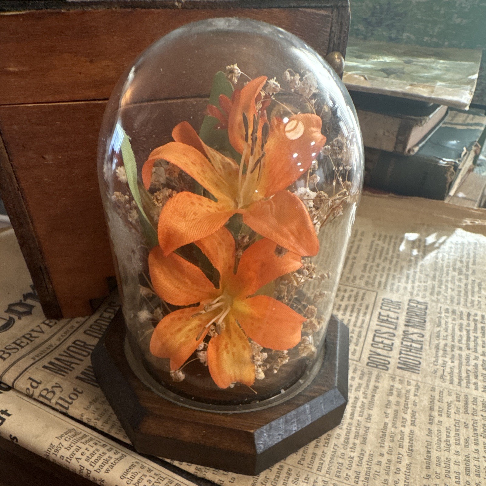 Vintage Floral Orange Lily Arrangement in Glass Cloche on Wood Base mcm whimsy