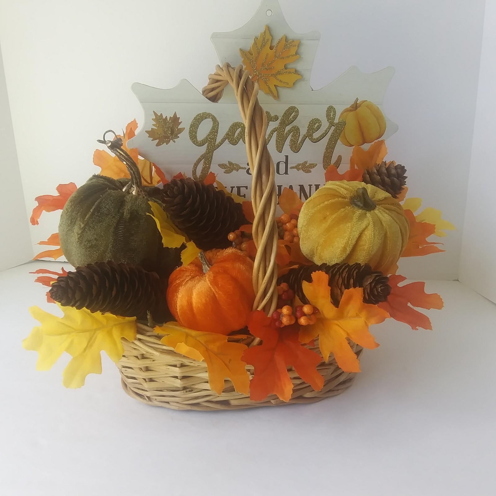 Fall Harvest Basket Centerpiece Gather & Give Thanks Pumpkins Pinecones Decor