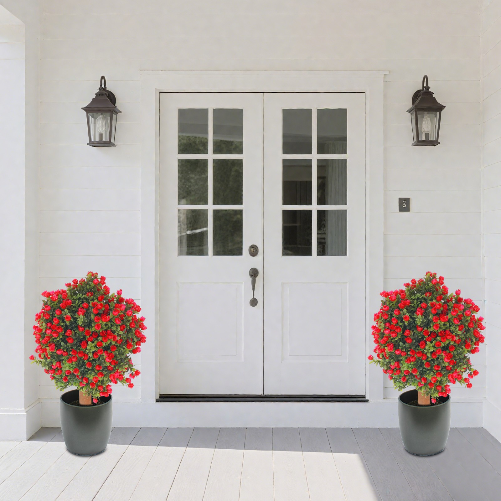 2* Artificial Boxwood Topiary Ball Trees Set with Red Flowers for Indoor/Outdoor