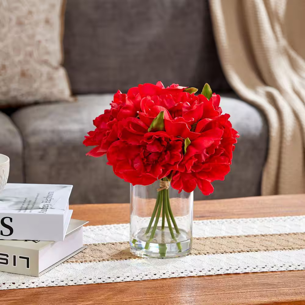 Faux Series 11 In. Red Indoor Artificial Silk Peony Bouquets with Stems for Home