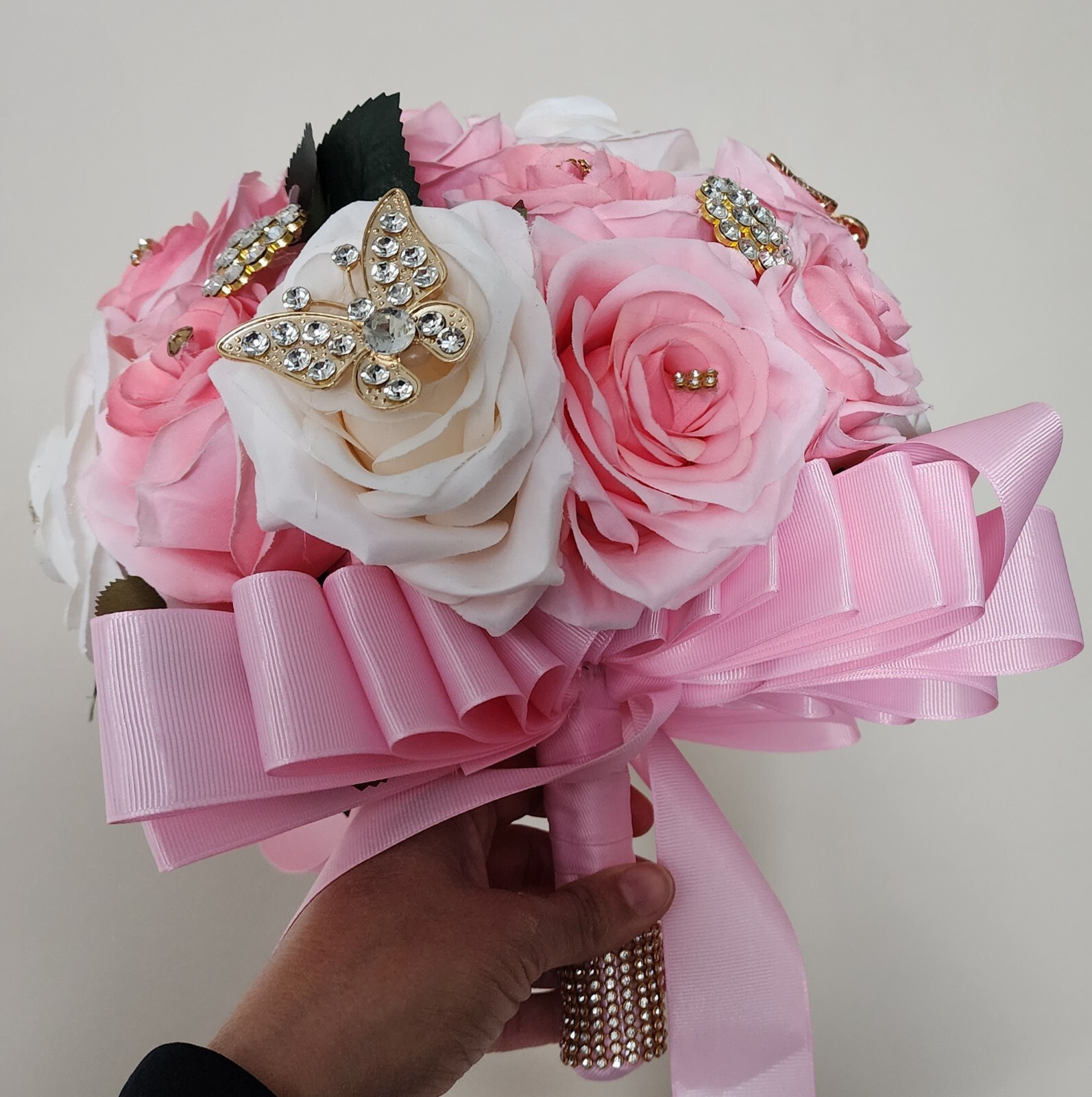 Pink & Ivory Luxury Bouquet with butterfly pendants for Quinceneras & Weddings