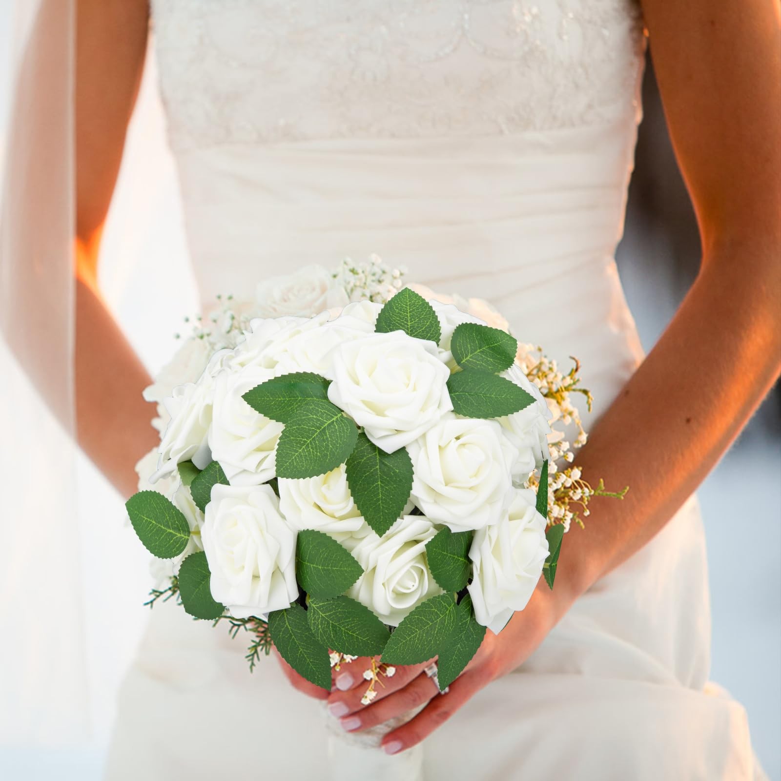 100pcs Artificial Flowers White Roses for Decorations, Real Looking Fake Foam…