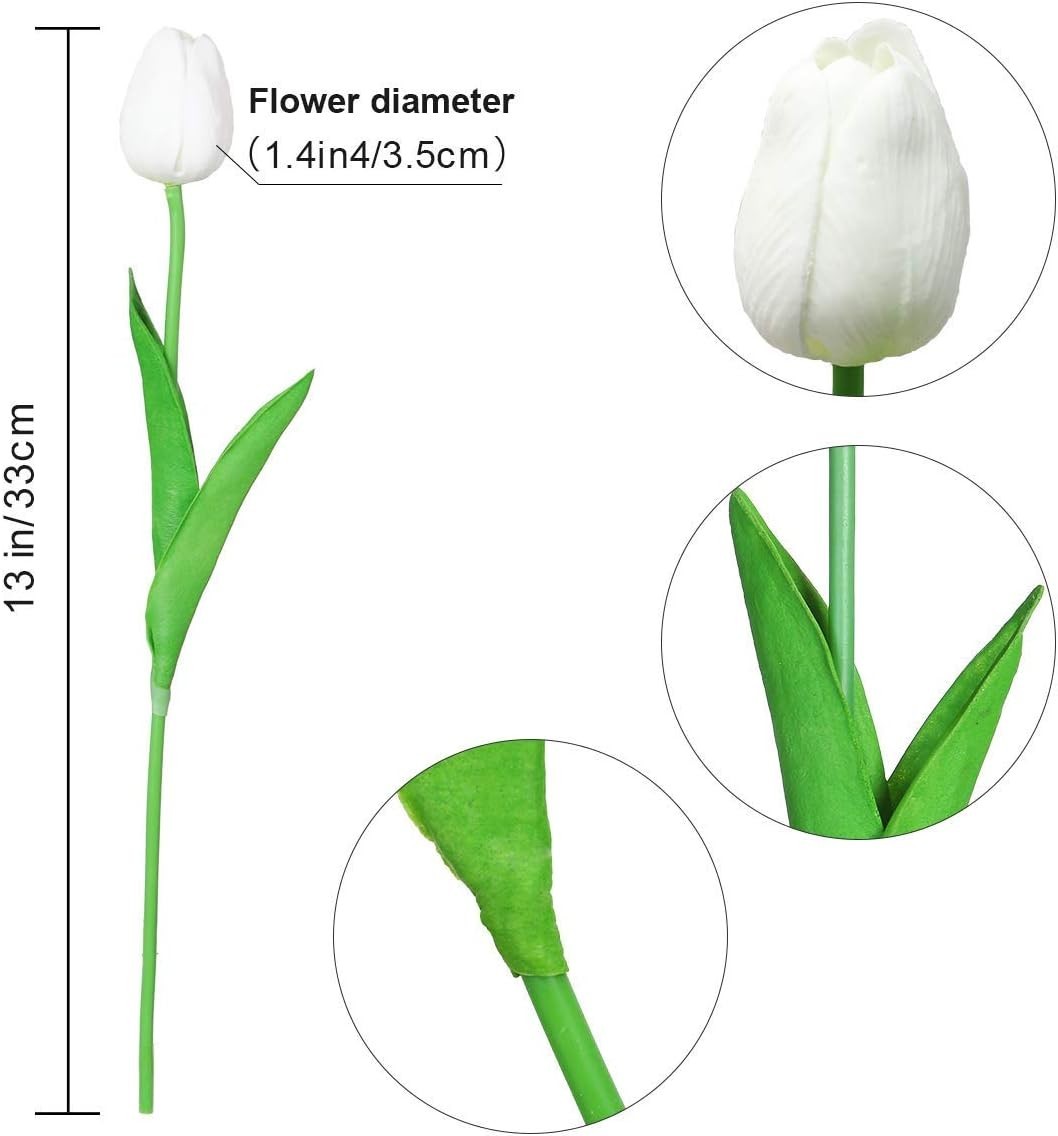 30 Pcs Artificial Tulips PU Faux Flowers, White Real Touch Fake Tulips for Va…