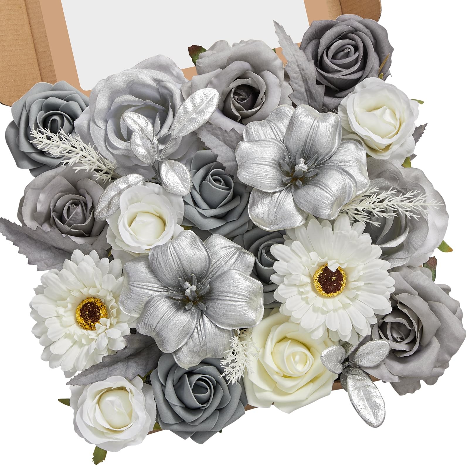 Artificial Flower Silver Grey Roses White Fake Cake Box Set Wedding Decor