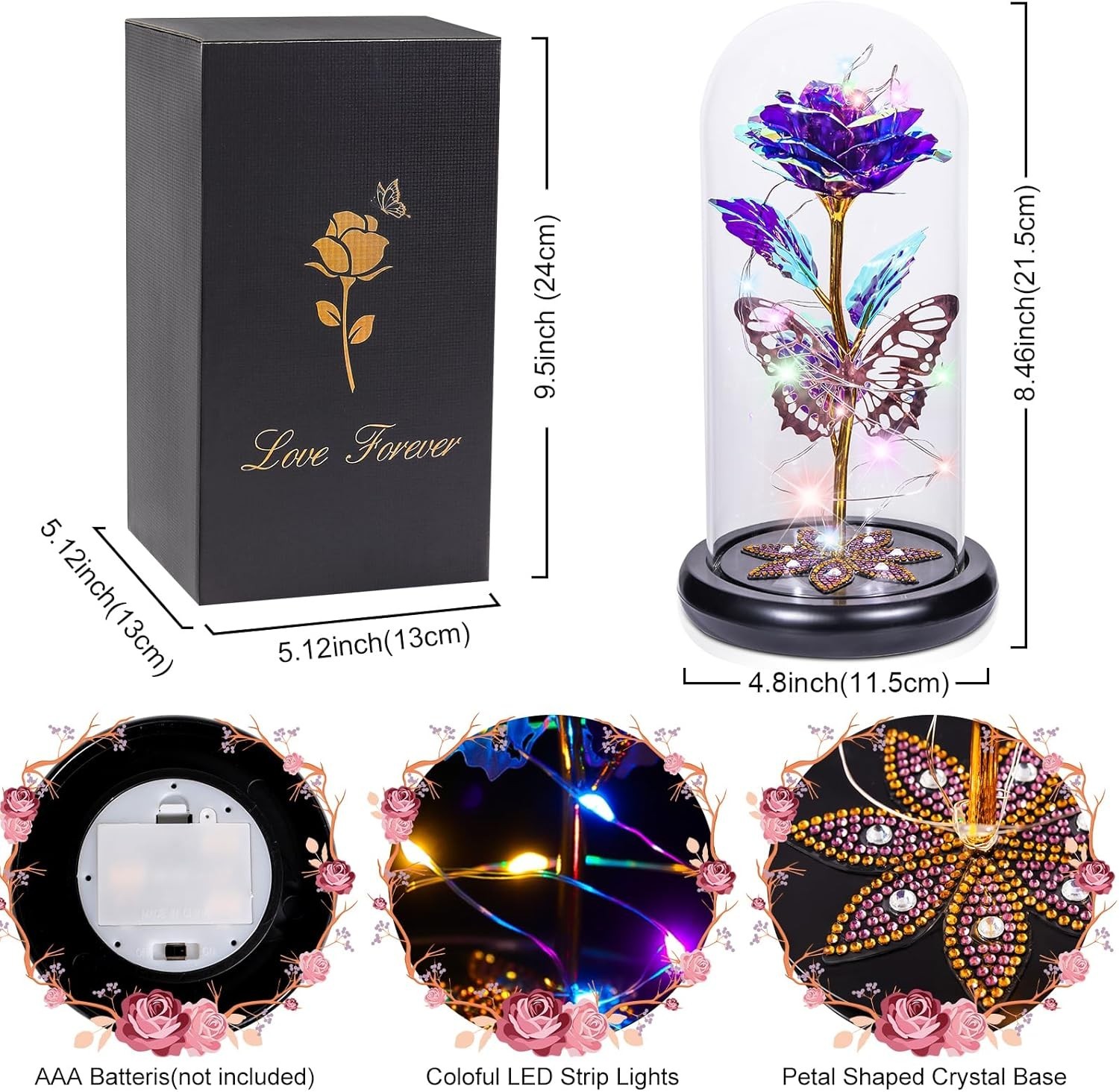 Valentines Day Rose Gifts for Her Women Birthday Gift Galaxy Glass A Purple