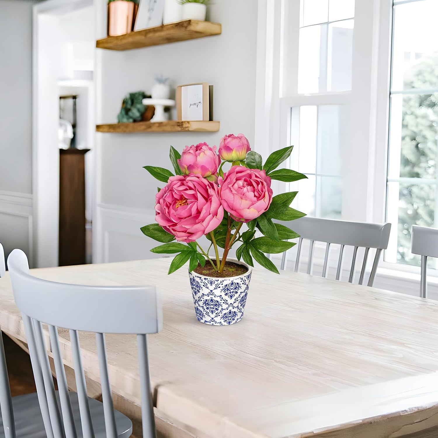 Realistic Faux Peony Flowers in Blue & White Pot – 13.8″ Home Decor