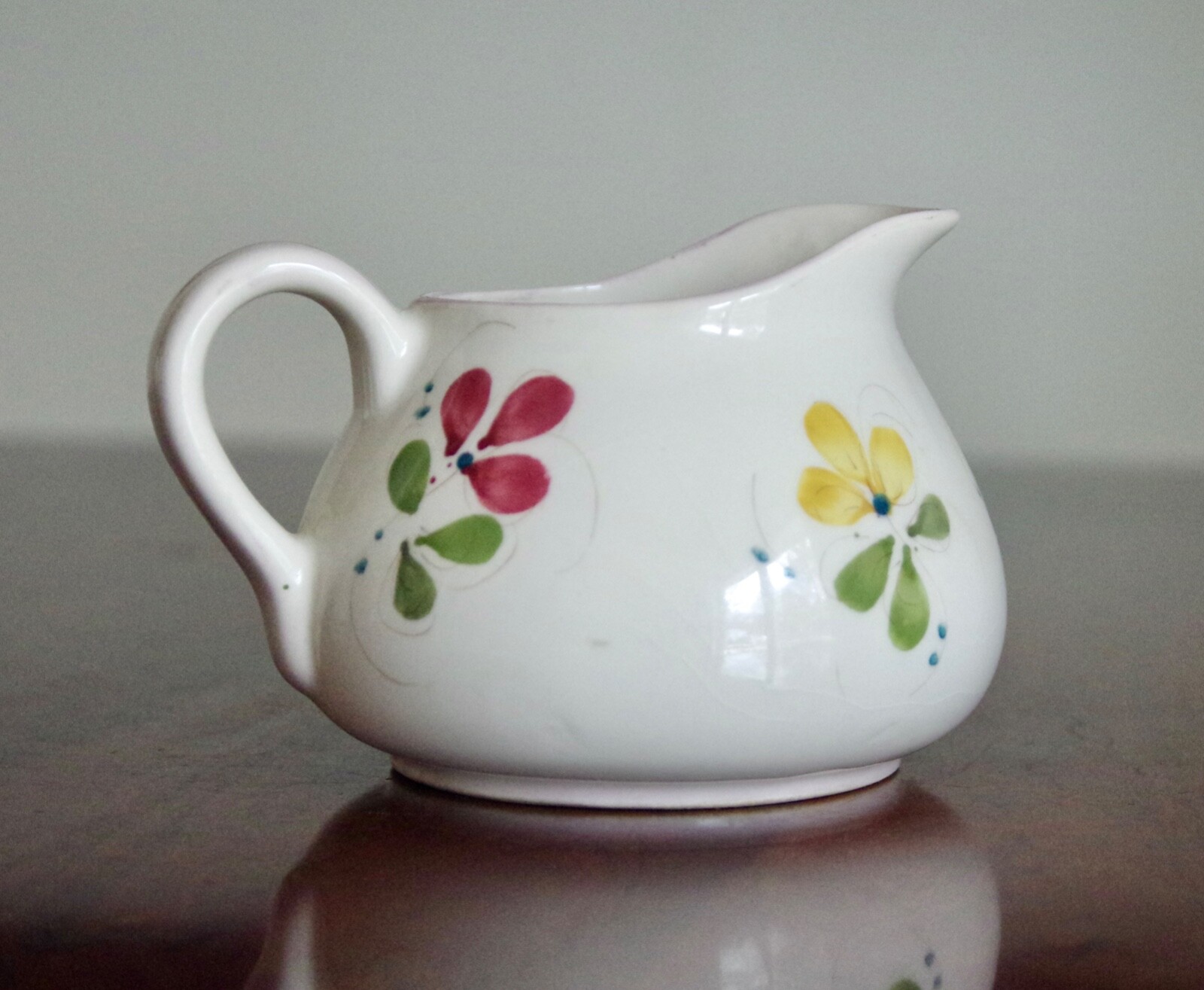 Vintage Hand Painted Portugal Floral Pitcher With Silk Lilac Arrangement