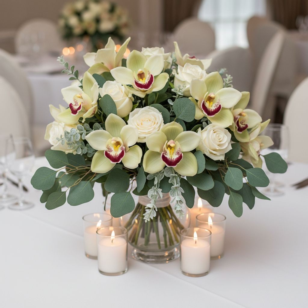 Artificial Cymbidium Orchid Stems Cream Green Burgundy Faux Orchid Bouquet Reali