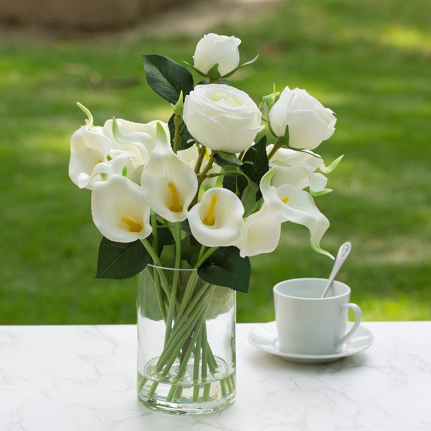 ENOVA FLORAL 18 Heads Calla Lily Flowers Real Touch in Glass Vase Mixed Rose …