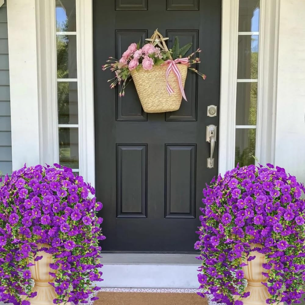 4Pcs Artificial Hanging Flowers for Outdoor Fake Morning Glory Purple | Realisti