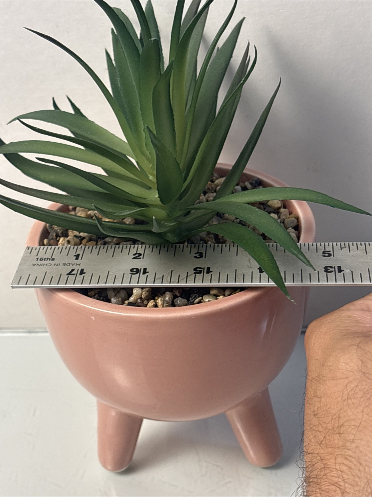 Ceramic Planter w Faux Succulent Pink Tripod Pot Mid Century Style Decor