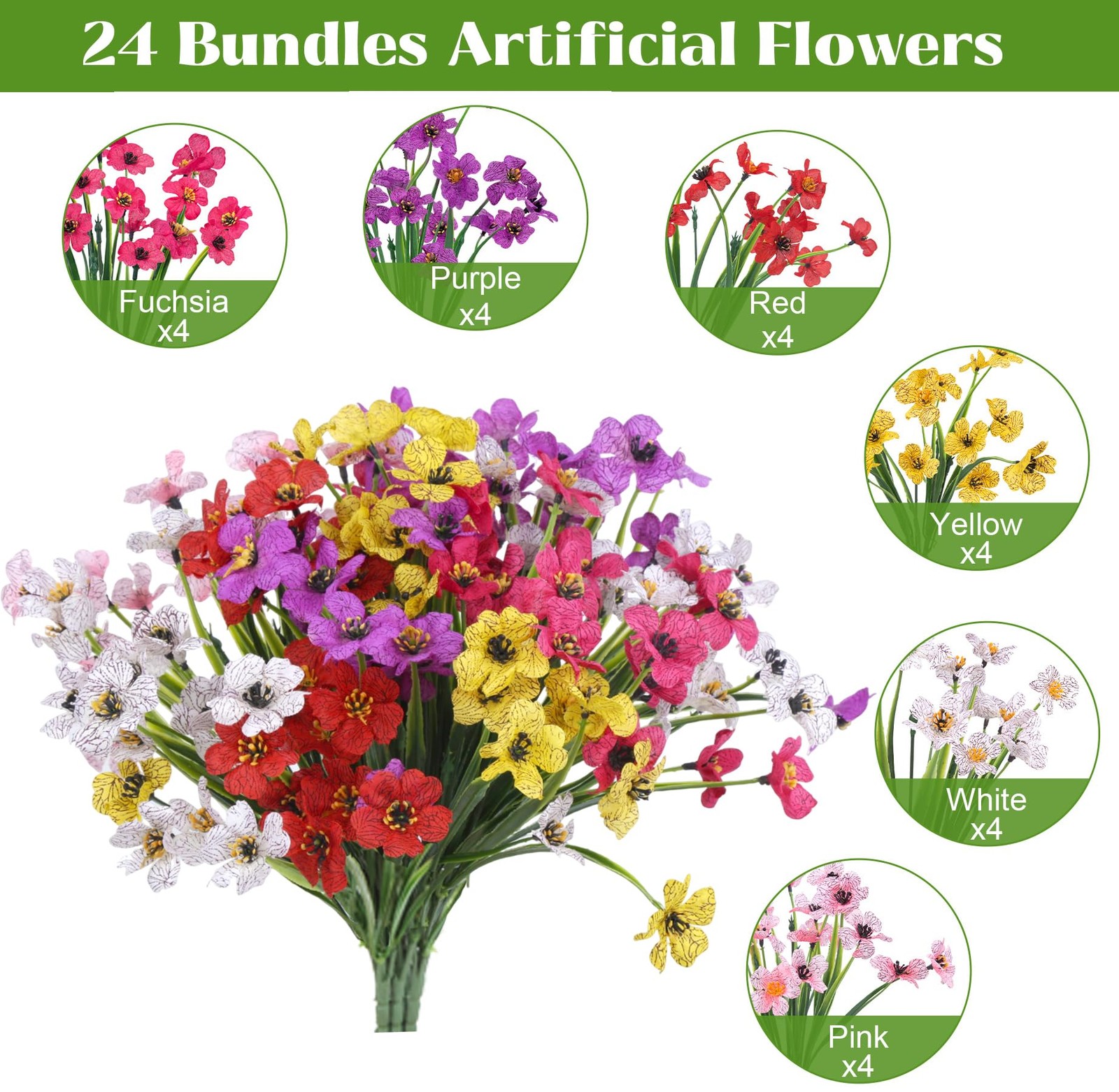 24 Bundles Artificial Flowers for Outdoors Decoration, UV Resistant Home Decor