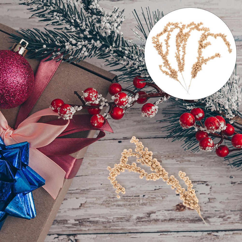 3pcs Christmas Simulated Berry Branches Christmas Tree Branch (Golden)