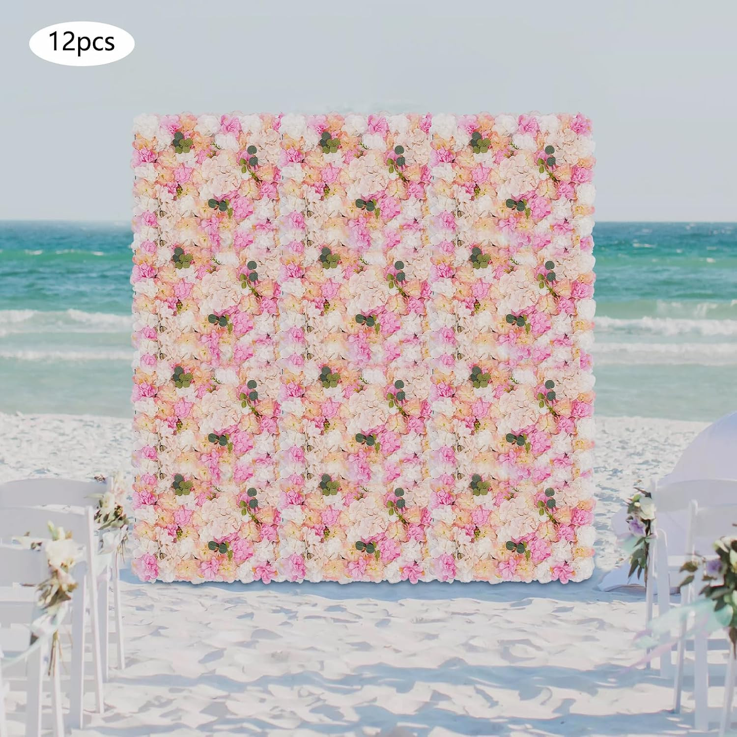 12Pcs 24″ X 16″ Artificial Flower Wall Panel Background,3D Pink Champagne Silk E