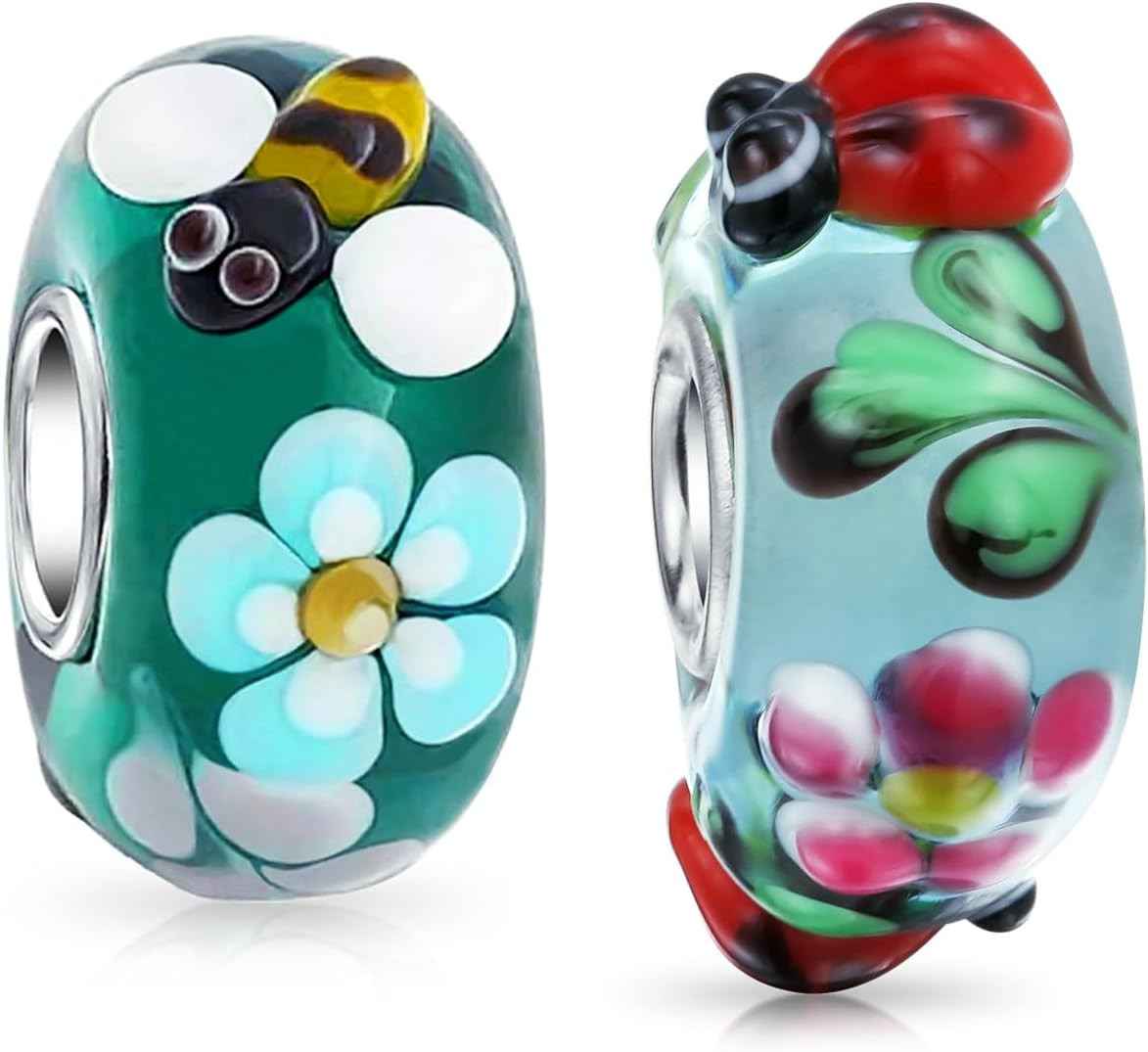 Mixed Garden Insect Ladybug Butterfly Bumble Bee Flower Lamp Work Murano Glass .