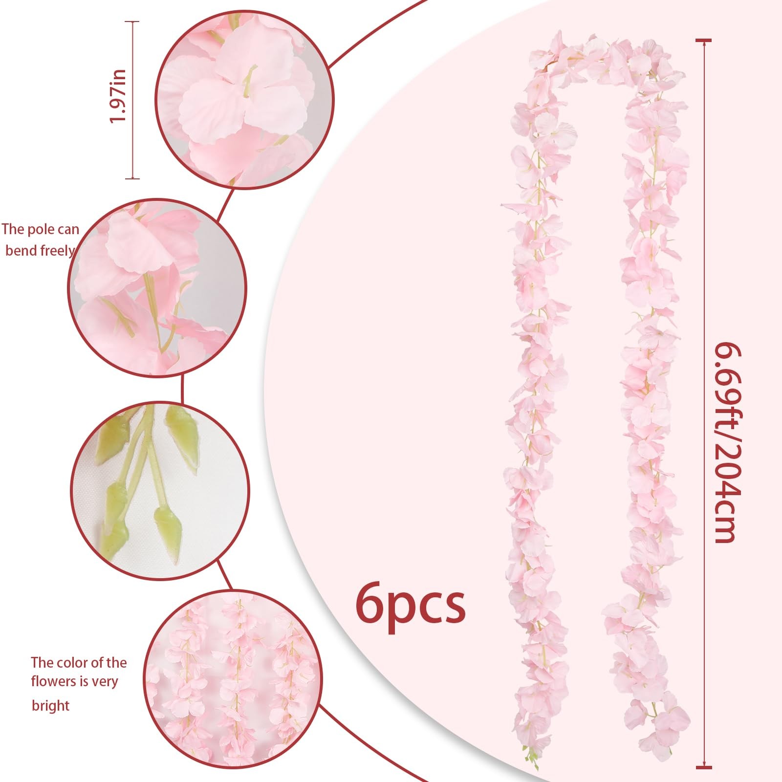 6 Pcs Wisteria Flower Garlands Pink Artificial Wisteria Hanging Flowers 6.7 F…