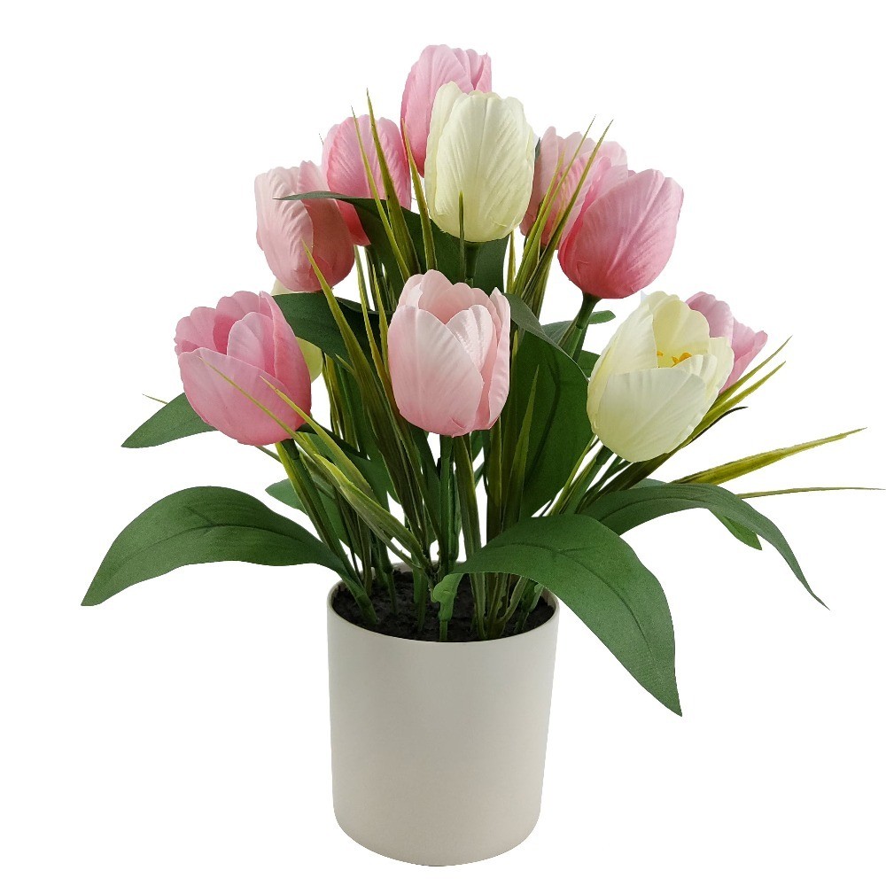 Pink Artificial Polyester Tulip Flower in Plastic Pot Indoor Home Decor 15.5