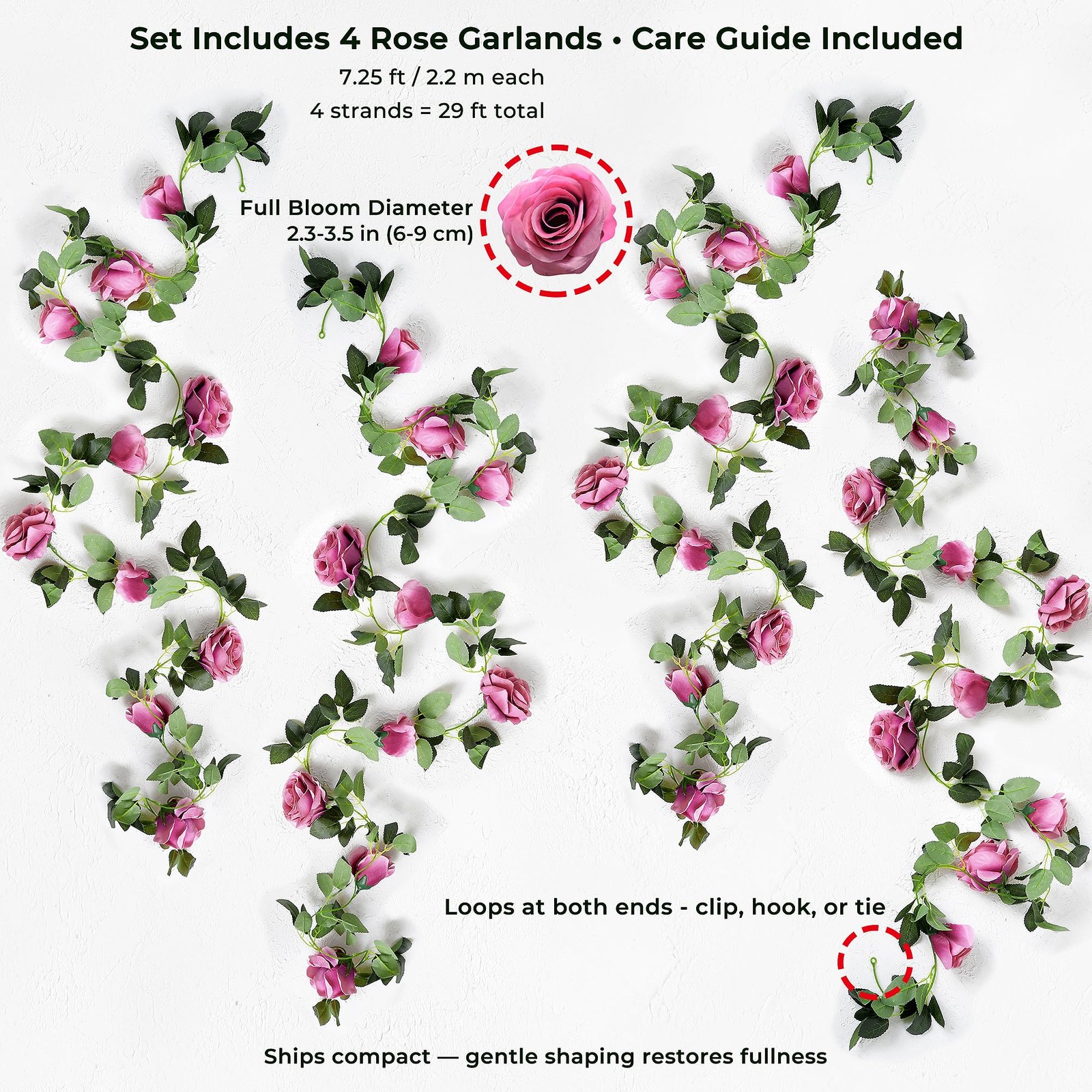 FiveSeasonStuff 29 Ft 4 Pack Rose Silk Flower Garland Artificial Flowers Deco…