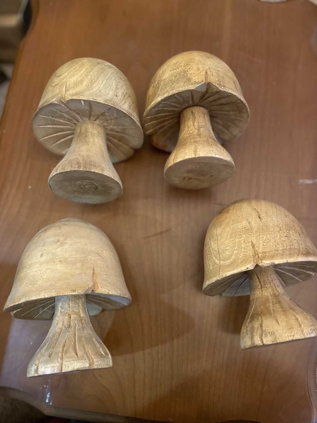4 Hand Carved Wood Mushrooms Roughly 6x5in. 1.2 Lbs Each
