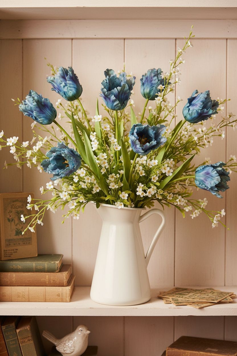 Blue Faux Tulips Set of 3 Artificial Parrot Tulips 27 Inch Tall