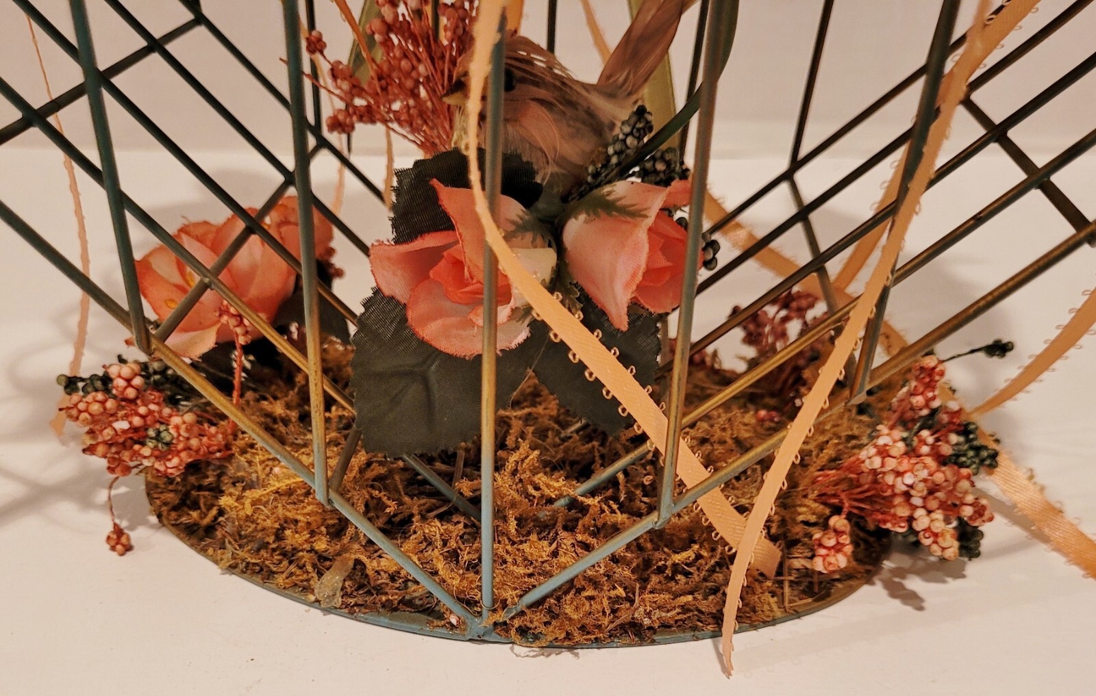 Handcrafted Mothers Day/Spring Arrangement in Green Metal Birdcage~w/Bird~9.5″T