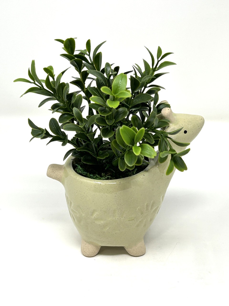 Mini 6″ Artificial Sage Boxwood plastic plant potted in Ceramic DEER Giraffe Pot