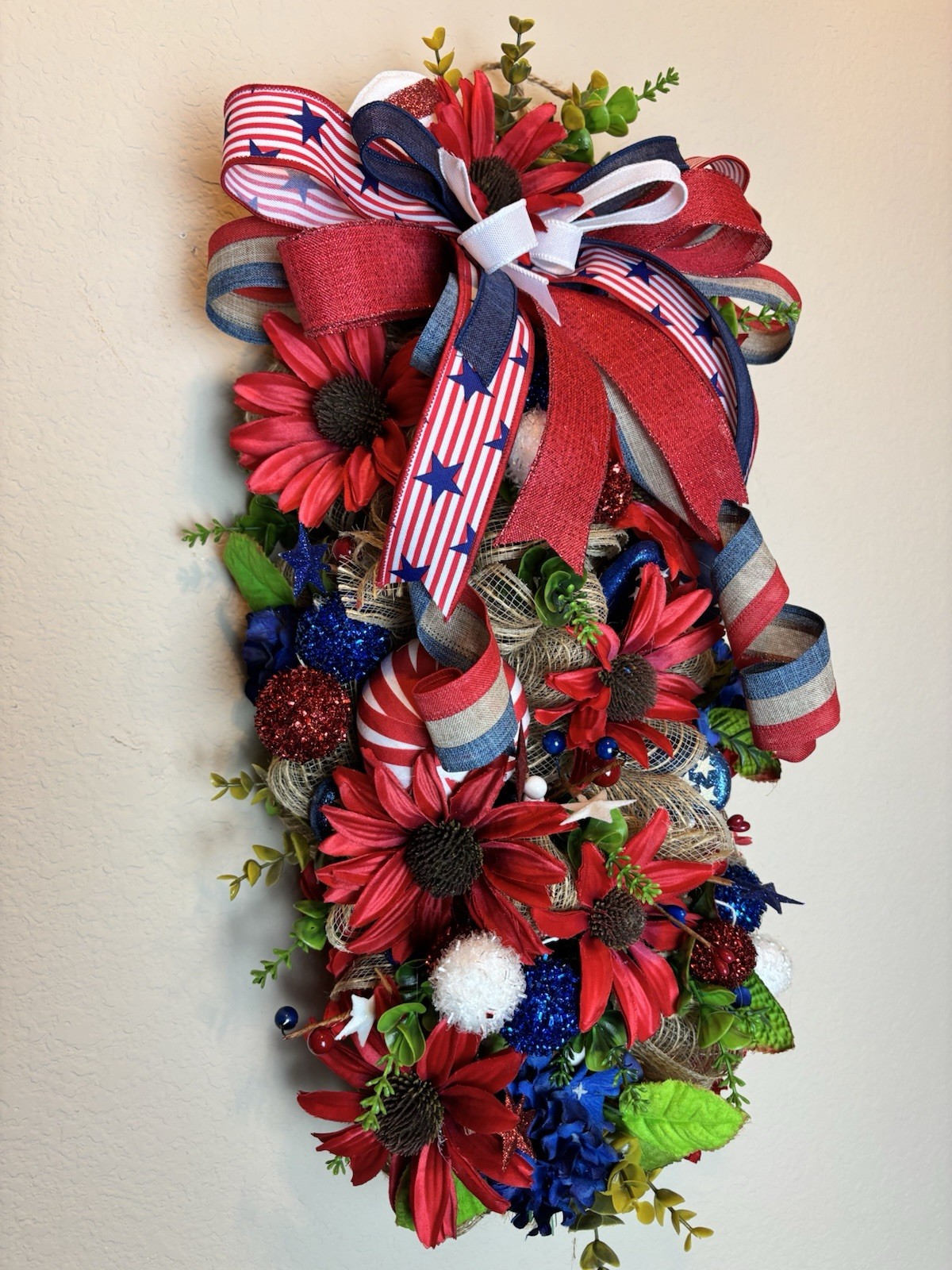 Patriotic Swag Wreath Red White Blue 4th July Door Decor Americana Bow