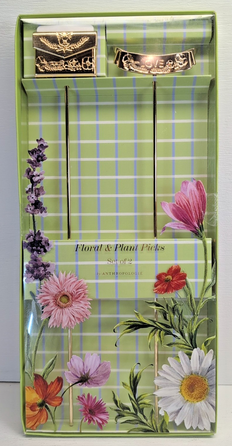 NEW! SEALED! ANTHROPOLOGIE 12″ GOLD METAL FLORAL PLANT POT PICKS INDOOR FLOWERS