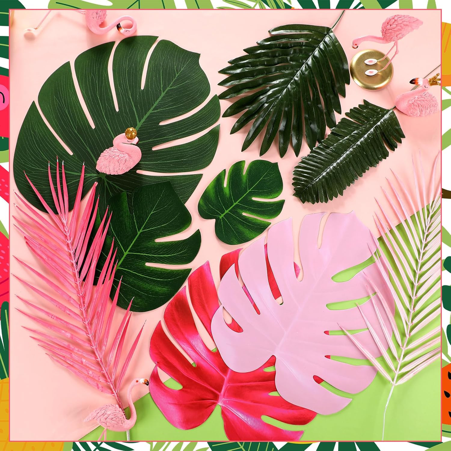 46 Pcs Tropical Artificial Palm Leaves Monstera Decoration Green Hot Pink Set fo