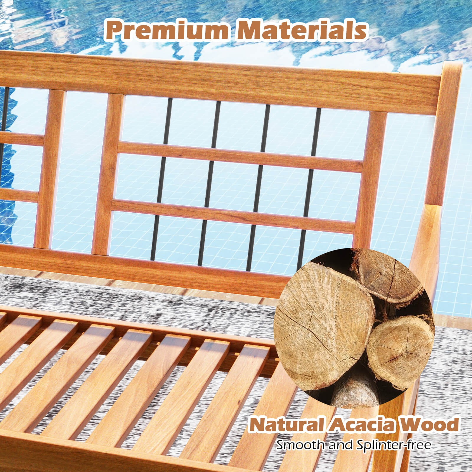 2-Person Patio Bench Outdoor Acacia Wood Bench w/ Slatted Seat & Backrest