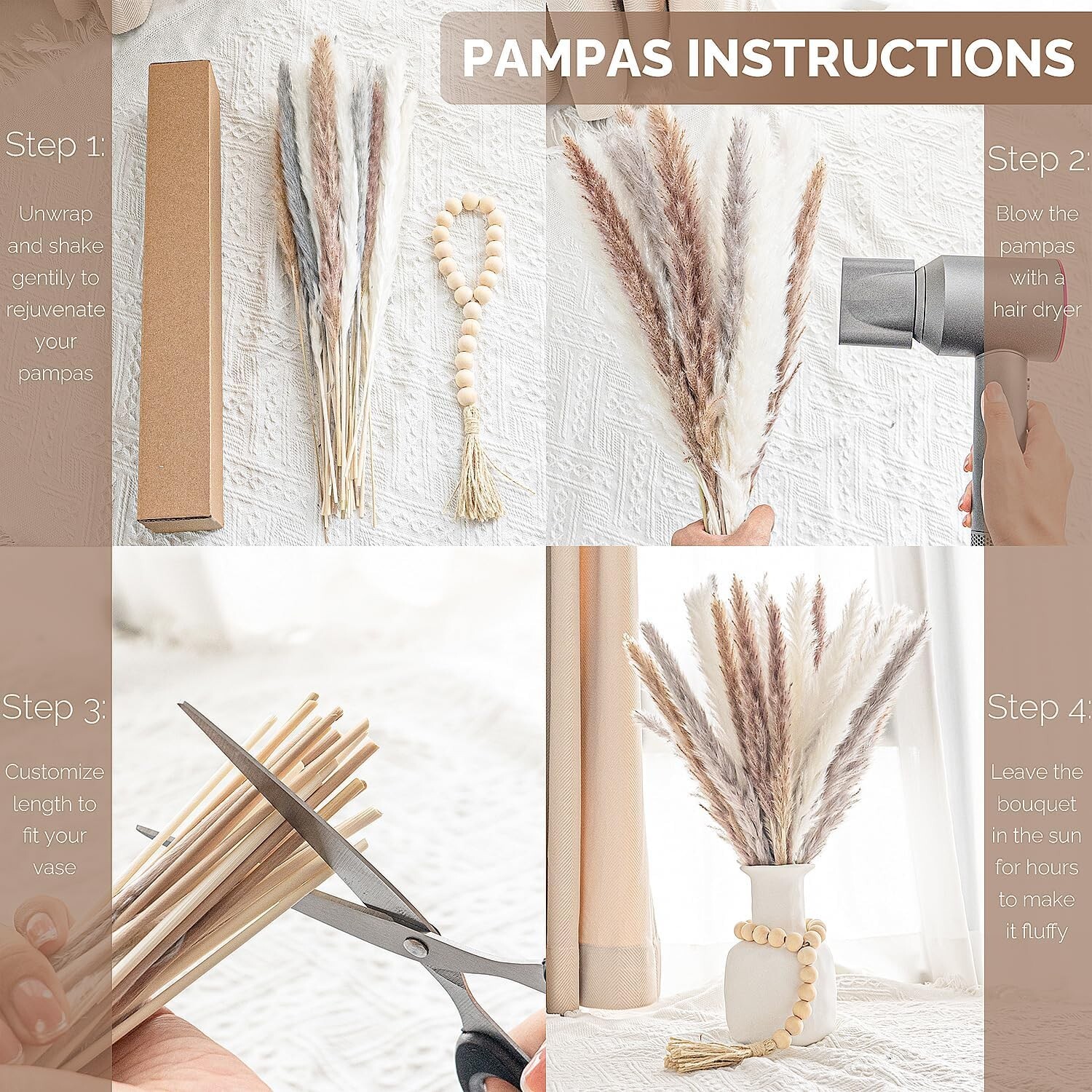 17 Inch Pink & White 30 pcs Pampas Grass with Wooden Elegant Beads – No Vase